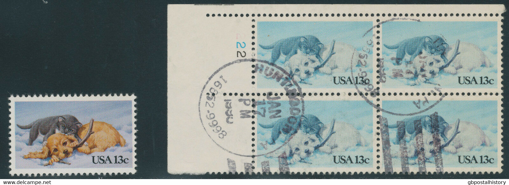 USA 1982 Christmas Kitten & Puppy 13 C. VFU Bl. Of 4 VARIETY MISSING COLORS - Errors, Freaks & Oddities (EFOs)