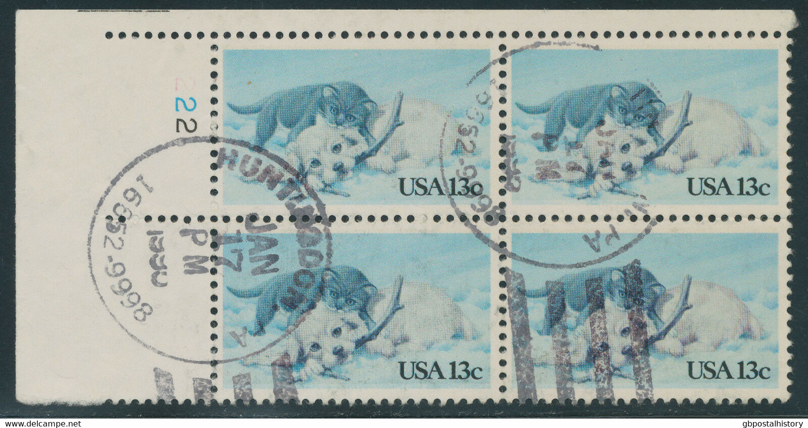 USA 1982 Christmas Kitten & Puppy 13 C. VFU Bl. Of 4 VARIETY MISSING COLORS - Errors, Freaks & Oddities (EFOs)