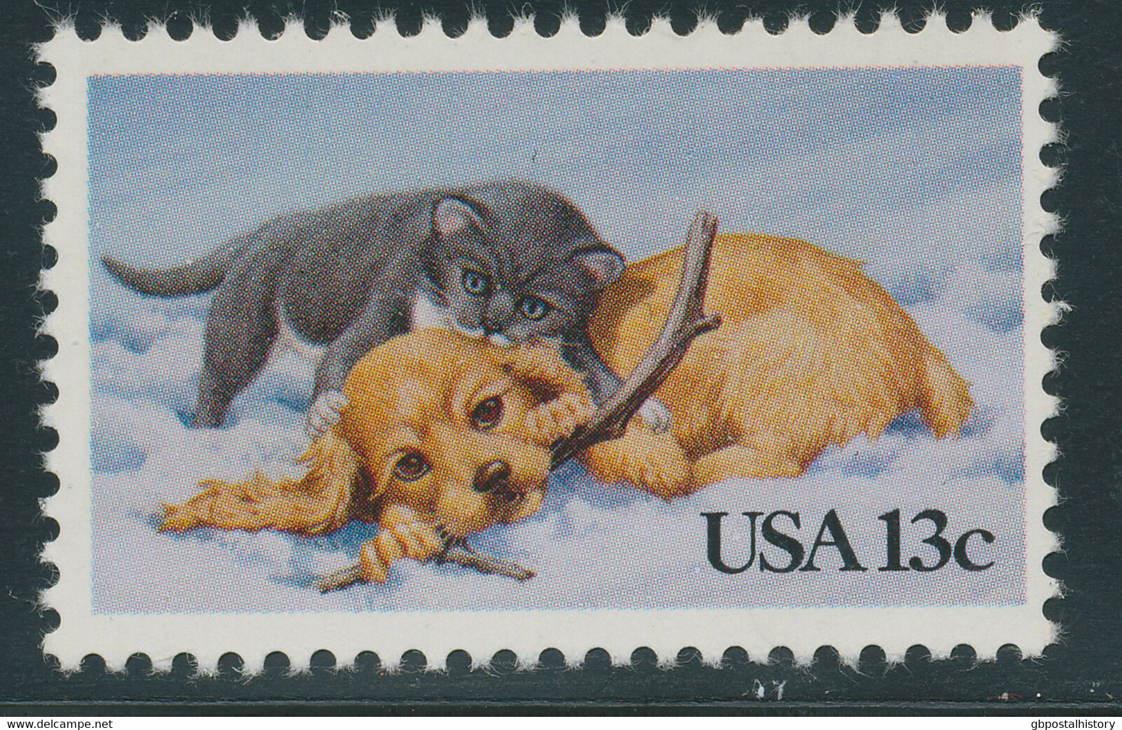 USA 1982 Christmas Kitten & Puppy 13 C. VFU Bl. Of 4 VARIETY MISSING COLORS - Errors, Freaks & Oddities (EFOs)