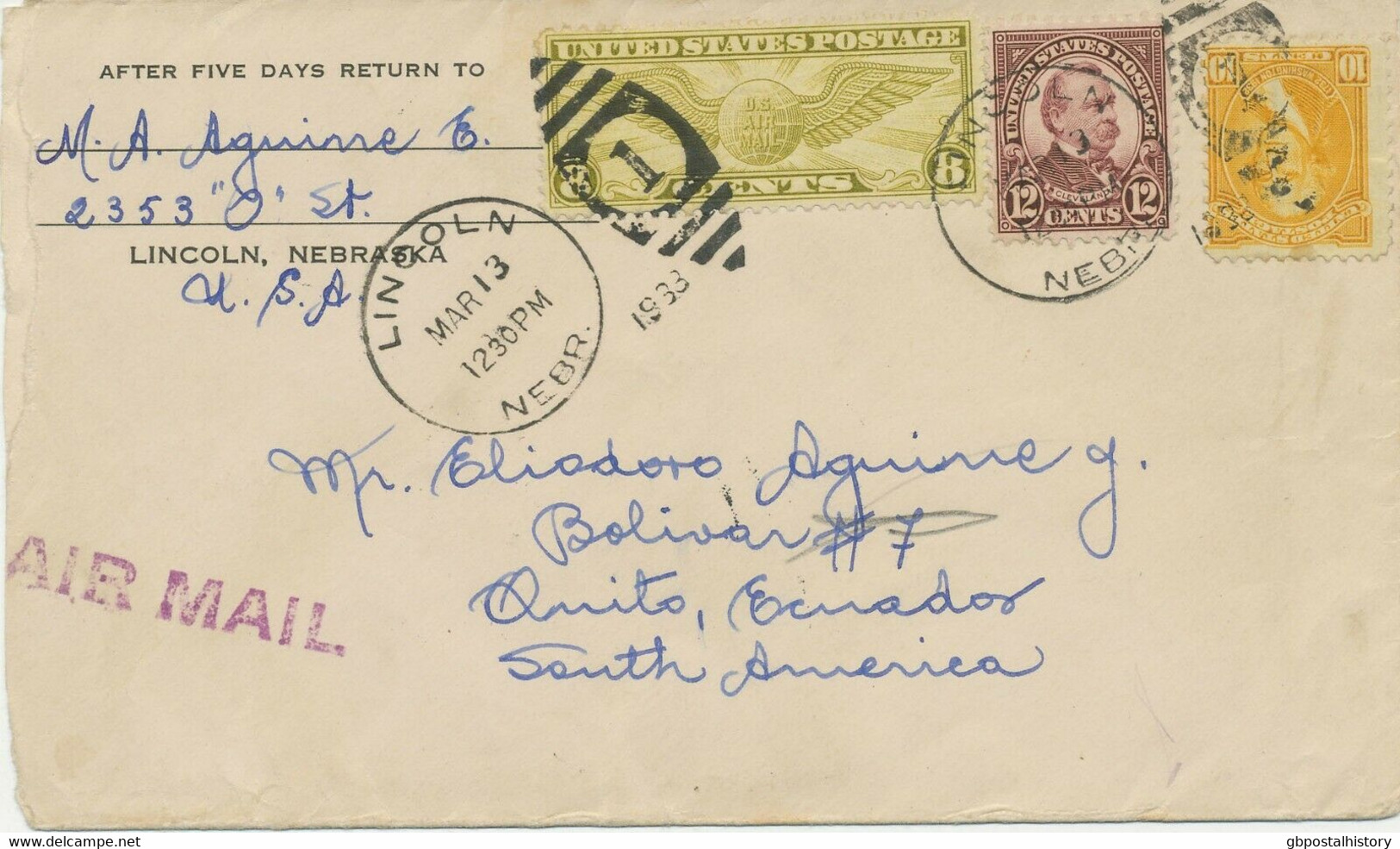 USA 1933 Int. MiF Frühe Pra.-Lupo-Bf Von "LINCOLN / NEBR." Nach QUITO, Ecuador - 1c. 1918-1940 Briefe U. Dokumente