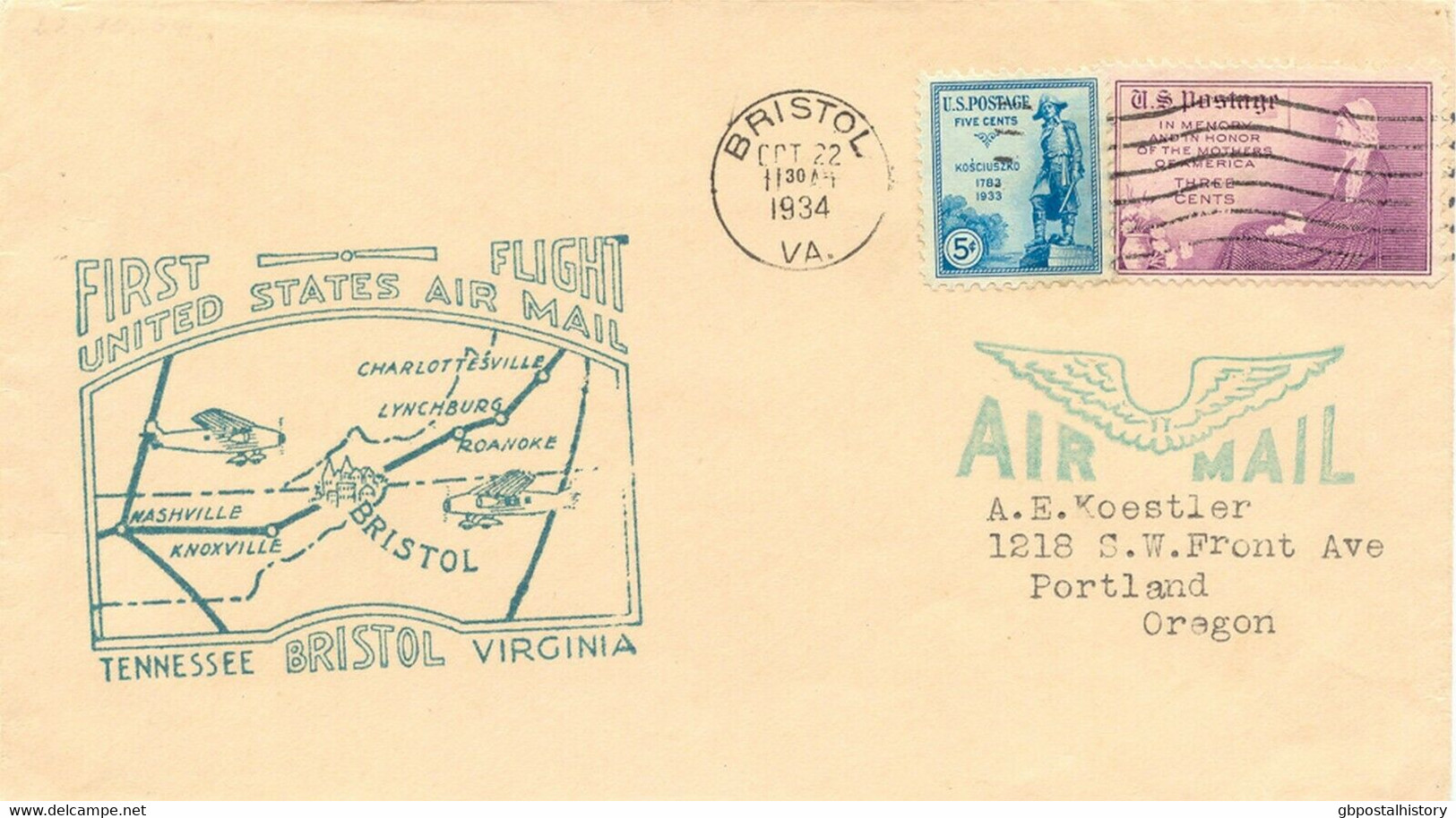 USA 1934 Decorative Superb Rare First Flight BRISTOL – CHARLOTTESVILLE VIRGINIA - 1c. 1918-1940 Brieven