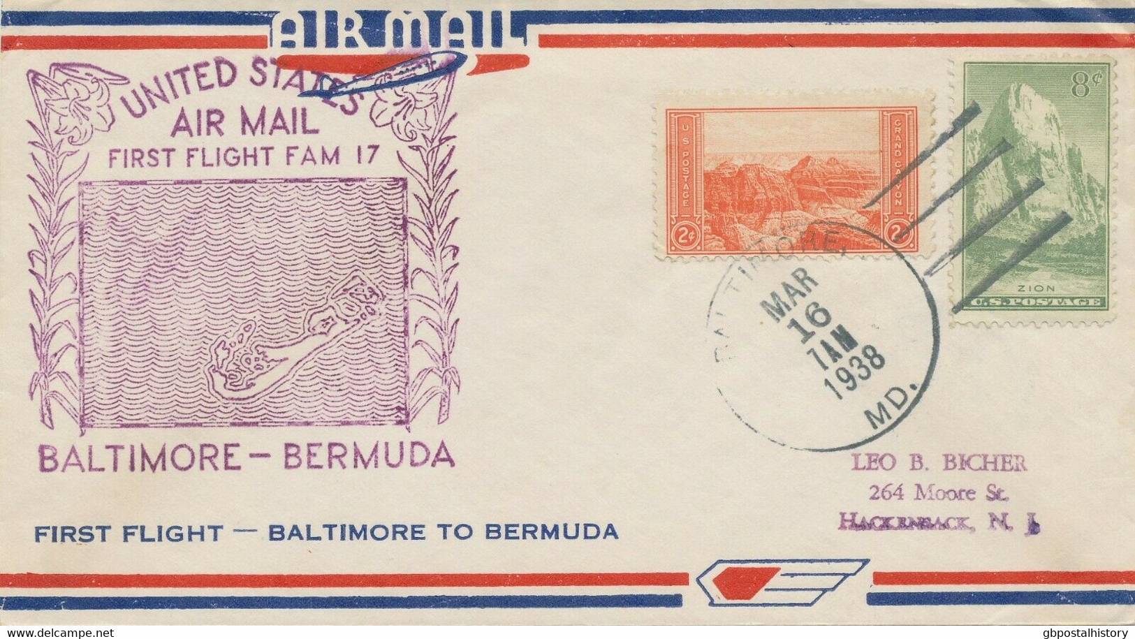 USA 1938, Superb Rare First Flight FAM 17 "BALTIMORE - BERMUDA" - 1c. 1918-1940 Covers