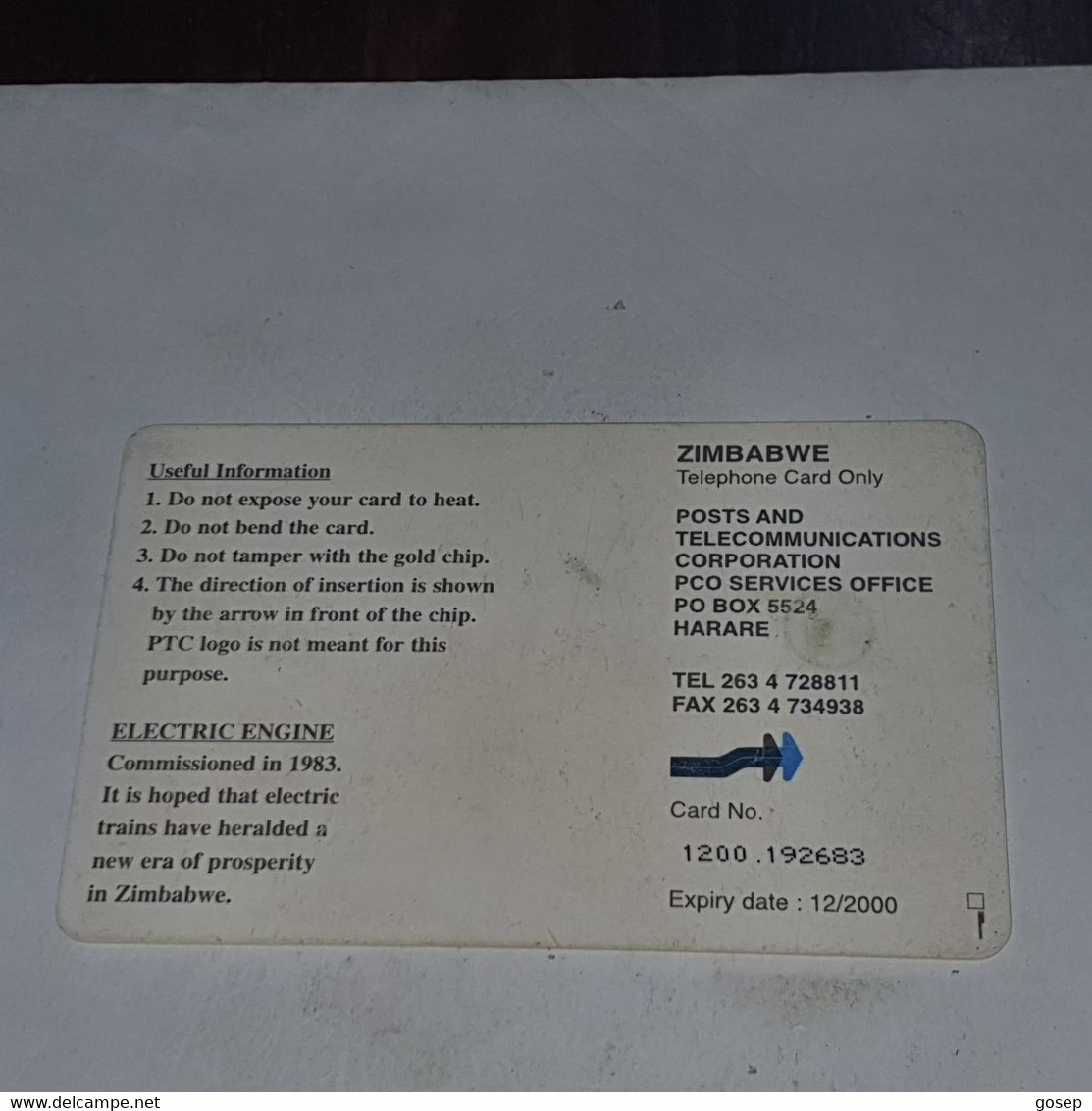 Zimbabwe-(ZIM-29A)-electic Train-(58)-($50)-(1200-192683)-(12/00)used Card+1card Free - Zimbabwe