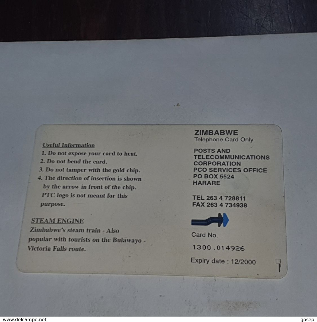 Zimbabwe-(ZIM-31)-steam Engine-(59)-($200)-(1300-014926)-(12/00)used Card+1card Free - Simbabwe