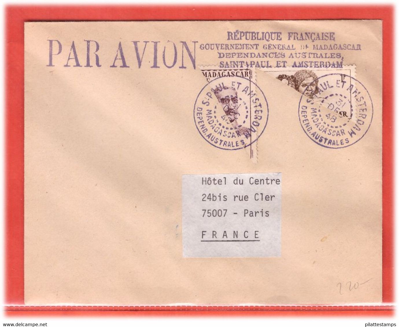 TERRES AUSTRALES LETTRE DE 1948 DE SAINT PAUL  & AMSTERDAM POUR PARIS - ...-1955 Prephilately