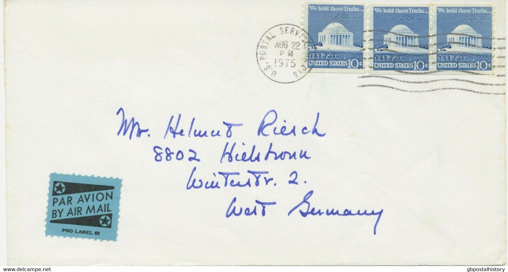 USA 1975 Maschine-Stpl. „U.S. POSTAL SERVICE. MA 015“ Pra.-Lupo-Bf N Deutschland - Storia Postale