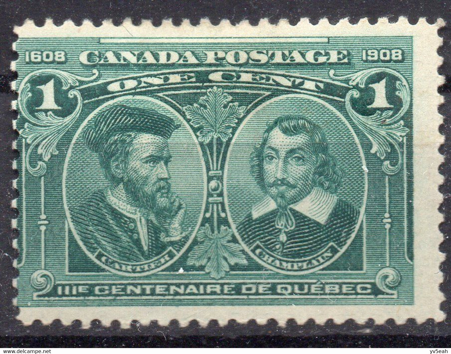 CANADA/1908/MH/SC#97/QUEBEC TERCENTENARY / JAQUES CARTIER & SAMUEL CHAMPLAIN / 1P BLUE GREEN - Nuevos