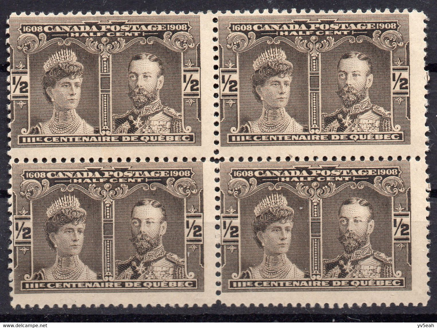 CANADA/1908/MNH/SC#96/QUEBEC TERCENTENARY / PRINCE & PRINCESS OF WALES / 1/2P BLACK BROWN / BLOCK OF 4 - Unused Stamps