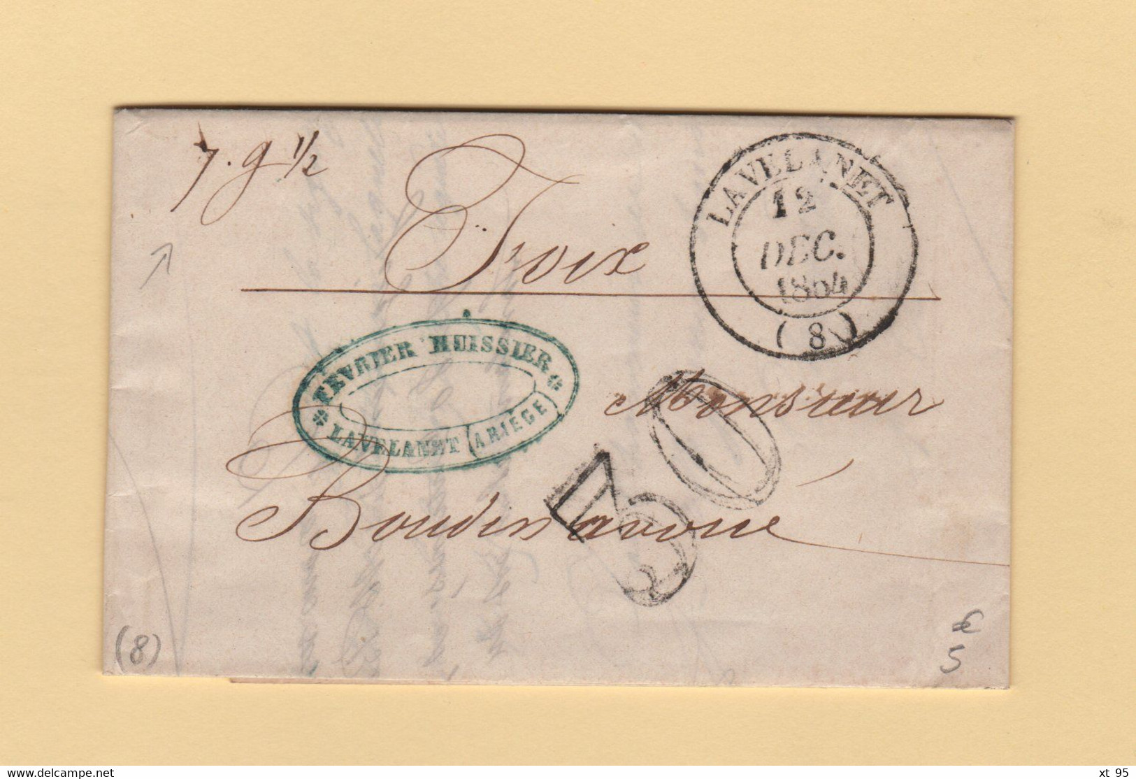 Lavelanet - 8 - Ariege - 12 Dec 1854 - Lettre Pesee 7g 1/2 - Taxe 30 Double Trait - 1801-1848: Précurseurs XIX