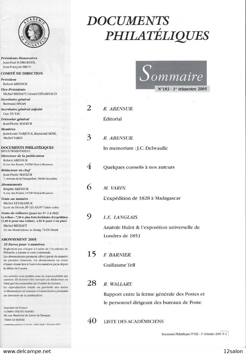 ACADEMIE DE PHILATELIE DOCUMENTS PHILATELIQUES  N° 183 + Sommaire - Autres & Non Classés