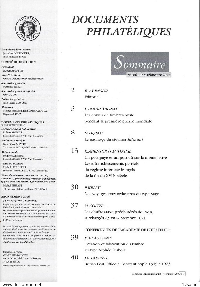 ACADEMIE DE PHILATELIE DOCUMENTS PHILATELIQUES  N° 186 + Sommaire - Otros & Sin Clasificación