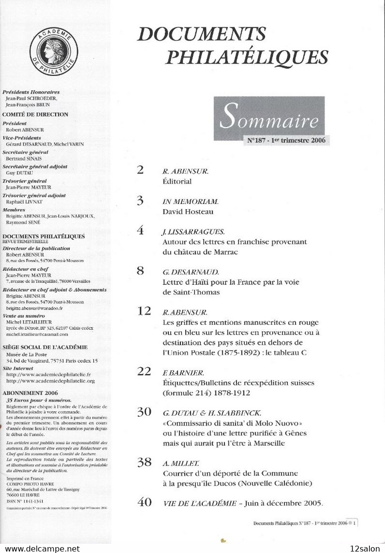 ACADEMIE DE PHILATELIE DOCUMENTS PHILATELIQUES  N° 187 + Sommaire - Sonstige & Ohne Zuordnung