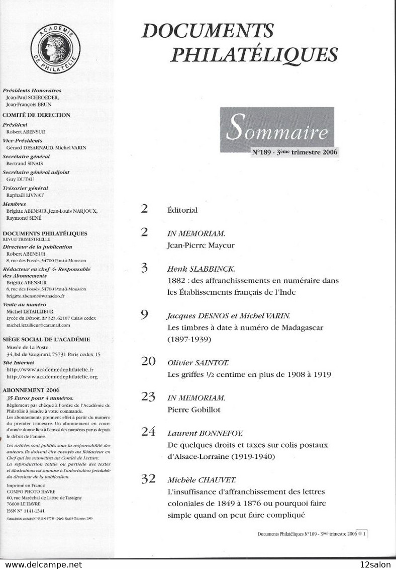 ACADEMIE DE PHILATELIE DOCUMENTS PHILATELIQUES  N° 189 + Sommaire - Otros & Sin Clasificación