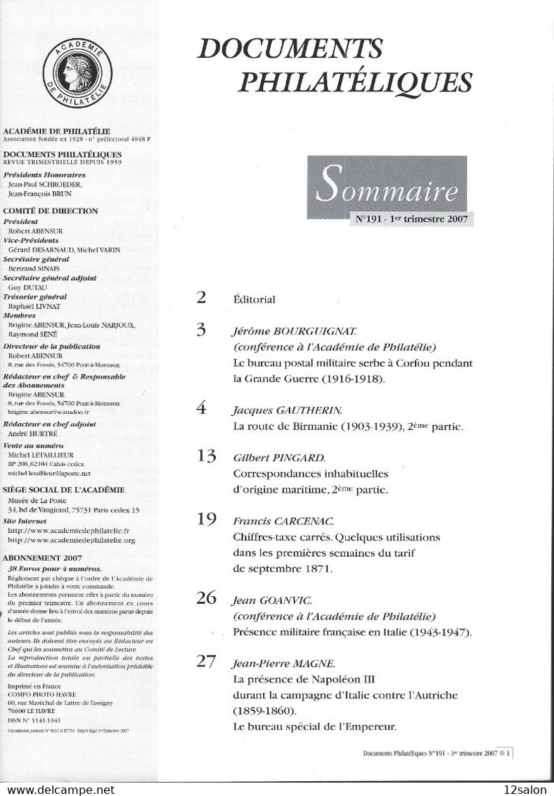 ACADEMIE DE PHILATELIE DOCUMENTS PHILATELIQUES  N° 191 + Sommaire - Autres & Non Classés