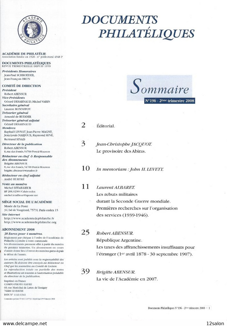 ACADEMIE DE PHILATELIE DOCUMENTS PHILATELIQUES  N° 196 + Sommaire - Other & Unclassified