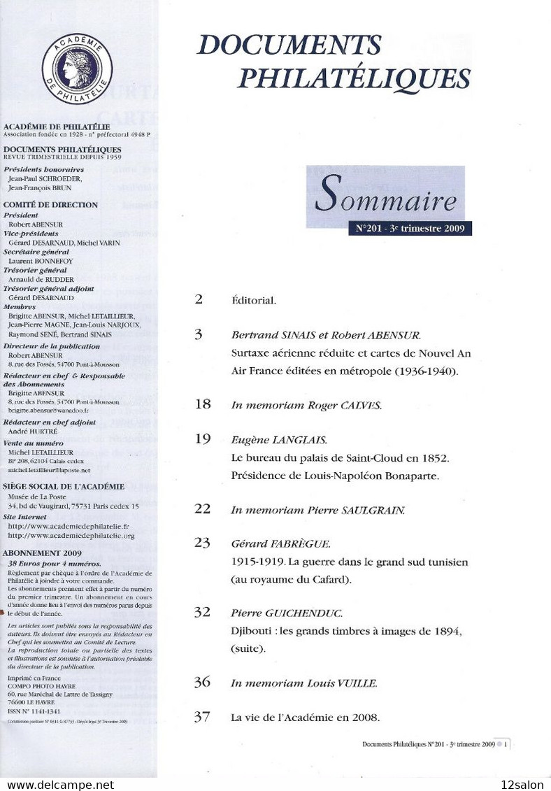 ACADEMIE DE PHILATELIE DOCUMENTS PHILATELIQUES  N° 201 + Sommaire - Other & Unclassified