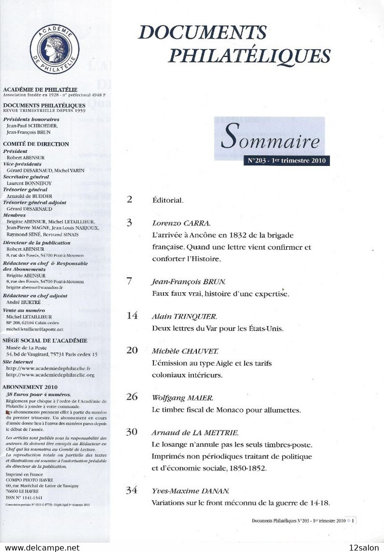 ACADEMIE DE PHILATELIE DOCUMENTS PHILATELIQUES  N° 203 + Sommaire - Other & Unclassified