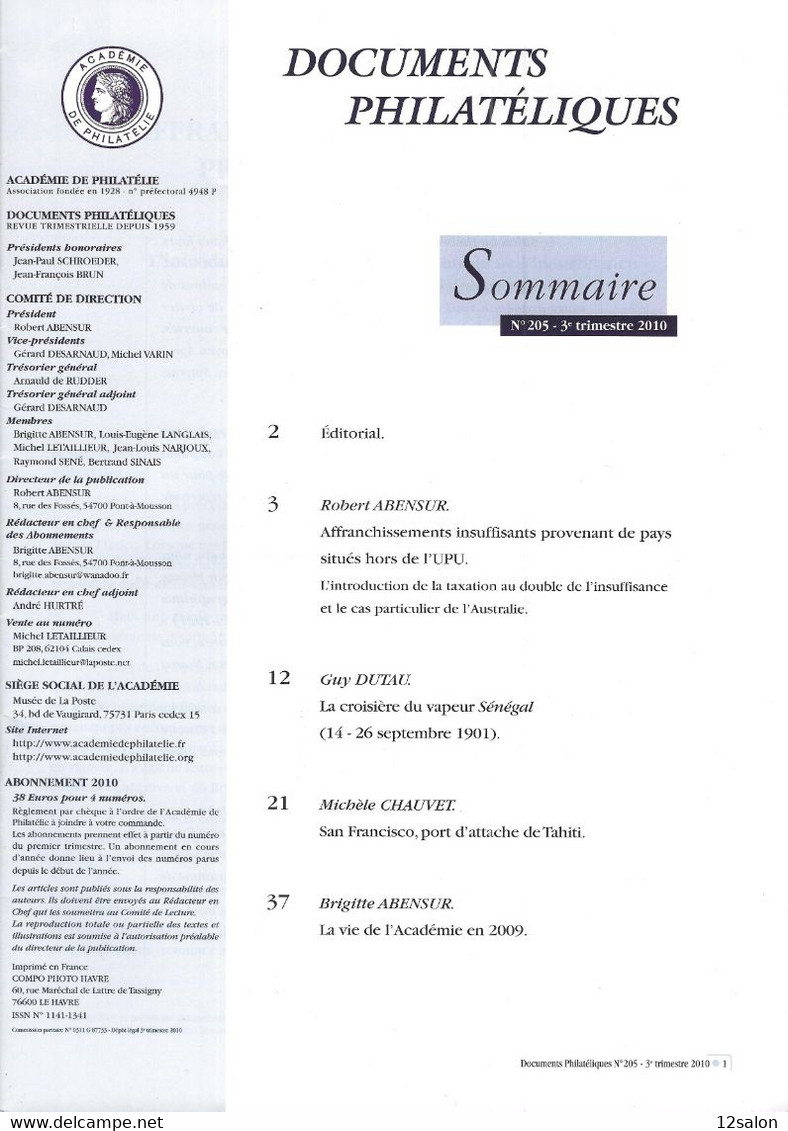 ACADEMIE DE PHILATELIE DOCUMENTS PHILATELIQUES  N° 205 + Sommaire - Other & Unclassified