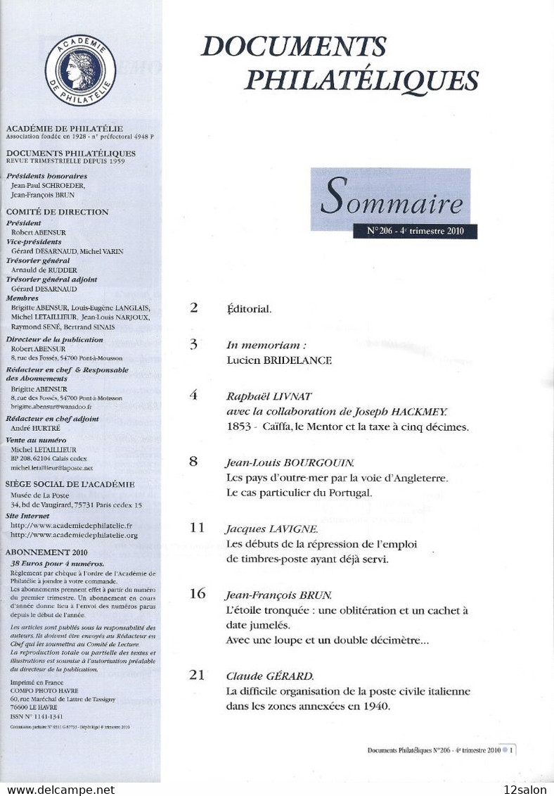 ACADEMIE DE PHILATELIE DOCUMENTS PHILATELIQUES  N° 206 + Sommaire - Otros & Sin Clasificación