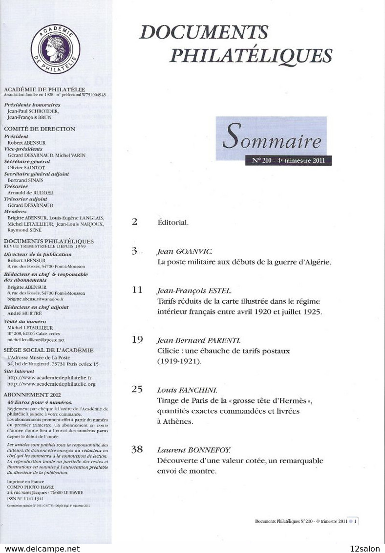 ACADEMIE DE PHILATELIE DOCUMENTS PHILATELIQUES  N° 210 + Sommaire - Other & Unclassified