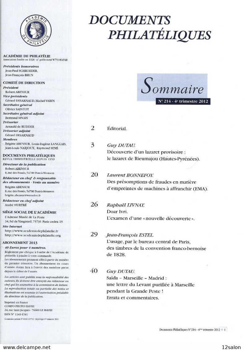 ACADEMIE DE PHILATELIE DOCUMENTS PHILATELIQUES  N° 214 + Sommaire - Otros & Sin Clasificación