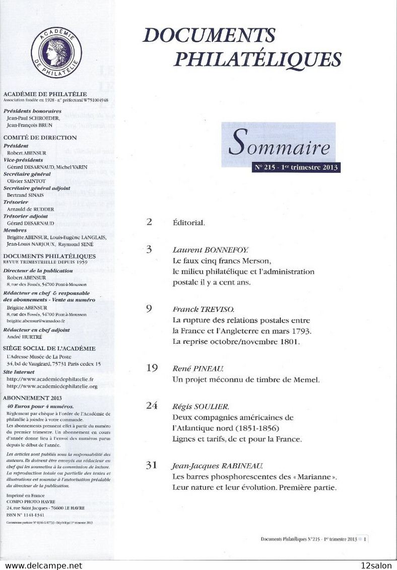 ACADEMIE DE PHILATELIE DOCUMENTS PHILATELIQUES  N° 215 + Sommaire - Other & Unclassified