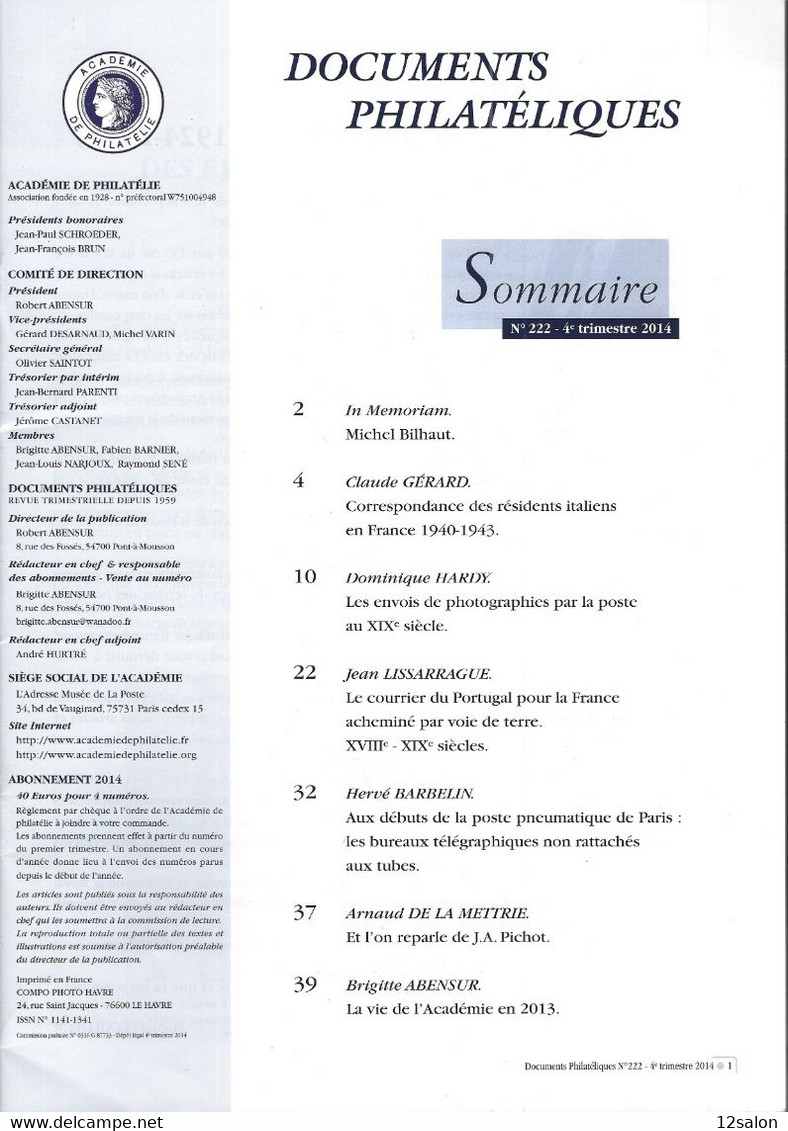 ACADEMIE DE PHILATELIE DOCUMENTS PHILATELIQUES  N° 222 + Sommaire - Sonstige & Ohne Zuordnung