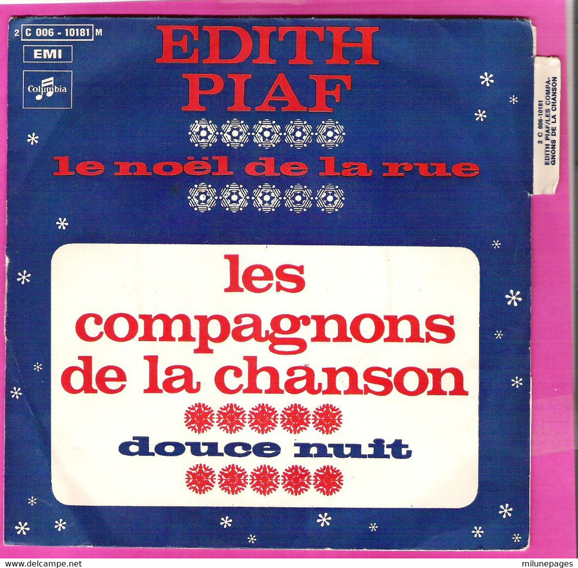 45T SP Edith Piaf Et Les Compagnons De La Chanson Le Noël De La Rue Et Douce Nuit EMI Columbia Pochette Papier Languette - Kerstmuziek