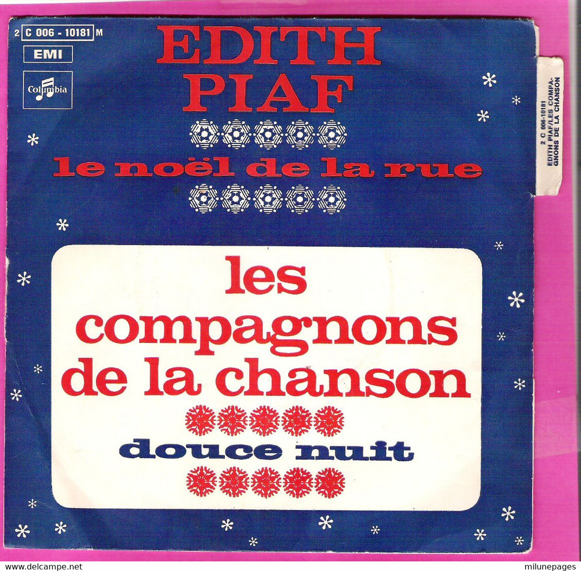 45T SP Edith Piaf Et Les Compagnons De La Chanson Le Noël De La Rue Et Douce Nuit EMI Columbia Pochette Papier Languette - Chants De Noel