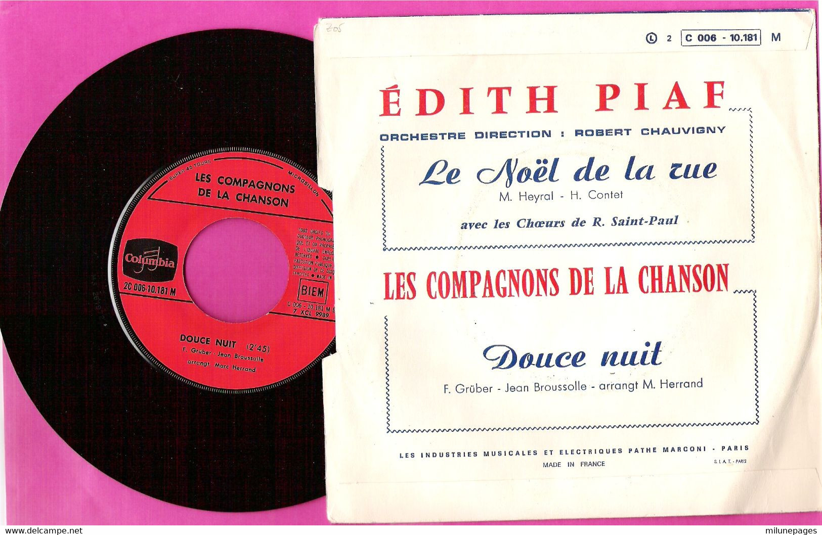 45T SP Edith Piaf Et Les Compagnons De La Chanson Le Noël De La Rue Et Douce Nuit EMI Columbia Pochette Papier Languette - Navidad