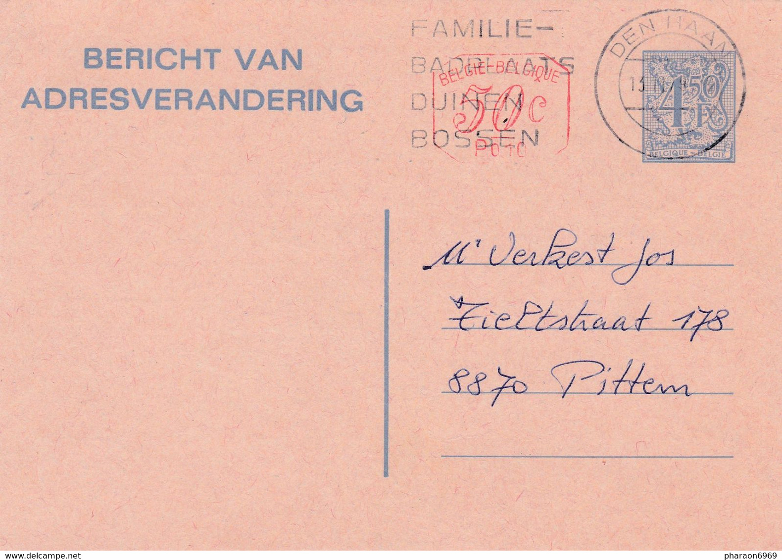 Entier Postal Changement D'adresse Avec Valeur Complémentaire Den Haag Avec Flamme Familier - Badplaats Duinen Bossen - Adressenänderungen