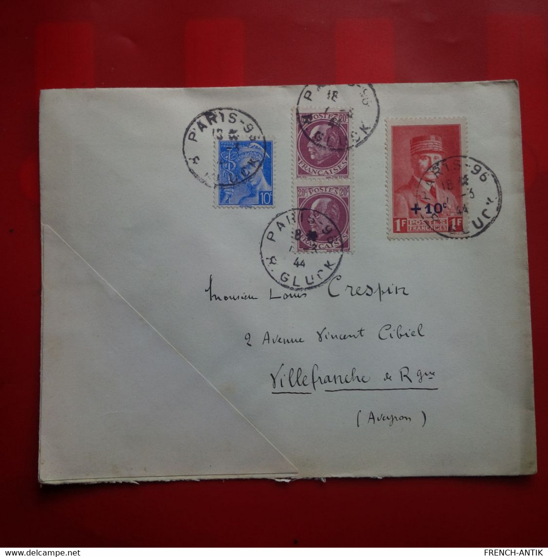 LETTRE PARIS POUR VILLEFRANCHE DE ROUERGUE 1944 TIMBRE PETAIN AVEC SURCHARGE - Cartas & Documentos