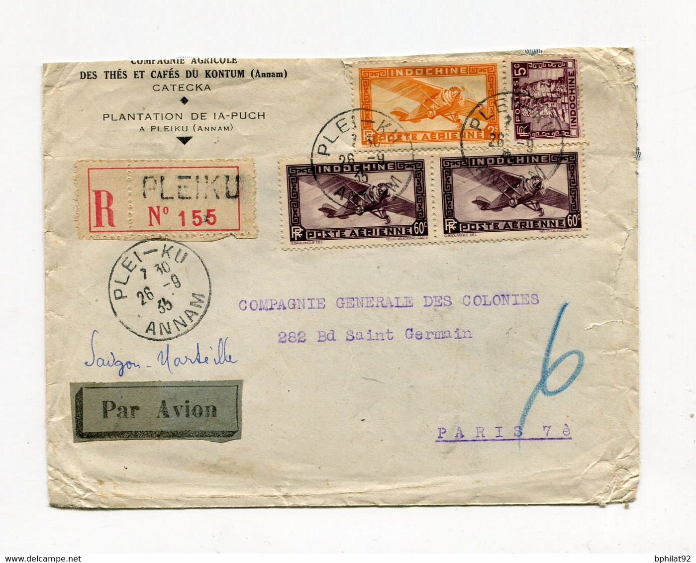 !!! INDOCHINE, LETTRE RECOMMANDEE PAR AVION DE PLEI-KU POUR PARIS DE 1935 - Covers & Documents
