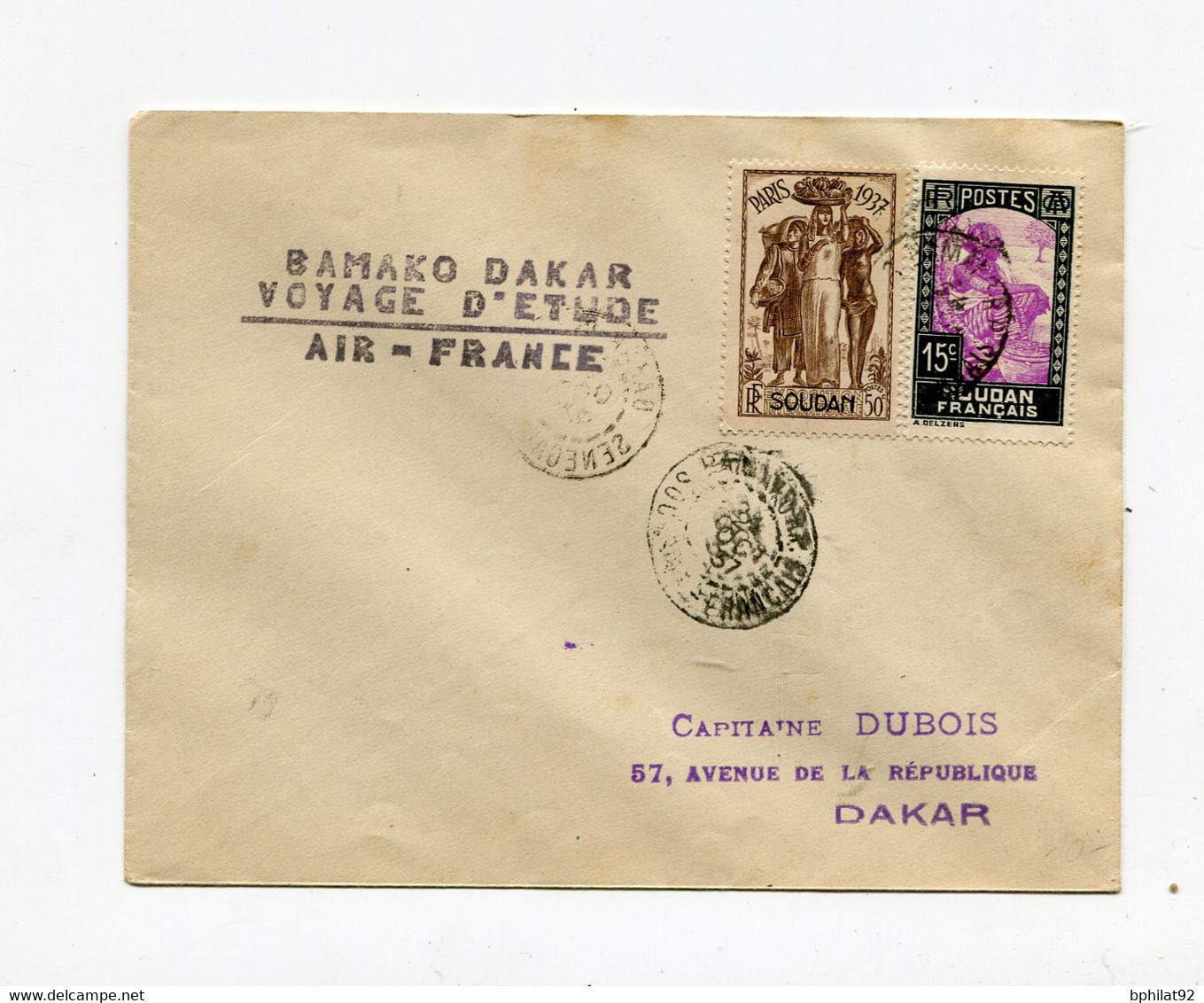 !!! BAMAKO-DAKAR, VOYAGE D'ETUDE AIR FRANCE, LETTRE DE BAMAKO POUR DAKAR DE 1937 - Covers & Documents