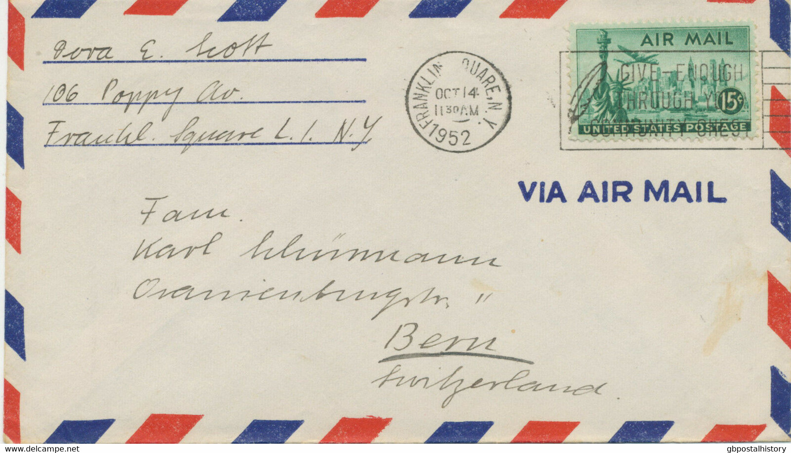 USA 1952 15 C Air Mail Statue Of Liberty, New York Skyscraper; Airplane Lockheed - Lettres & Documents