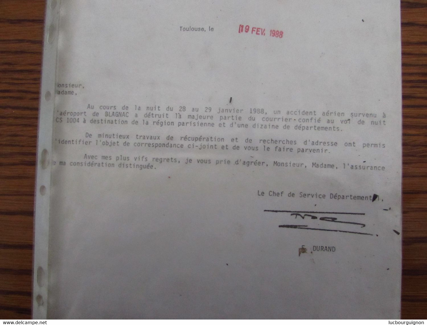 France : Courrier DETERIORE Suite à Un ACCIDENT AEROPOSTALE Le 29-01-1988 + JUSTIFICATIF De La Poste - Lettres Accidentées