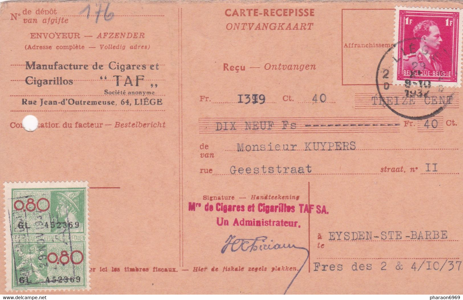 Carte Récépissé 428 Timbres Fiscal - Documents