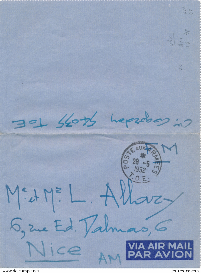 INDO CHINE VENTIANE LAOS - POSTE AUX ARMÉES T.O.E. 28/5/ 1952 - LETTRE AVION  FM - SP 54035 - Airmail Cover - War Of Indo-China / Vietnam