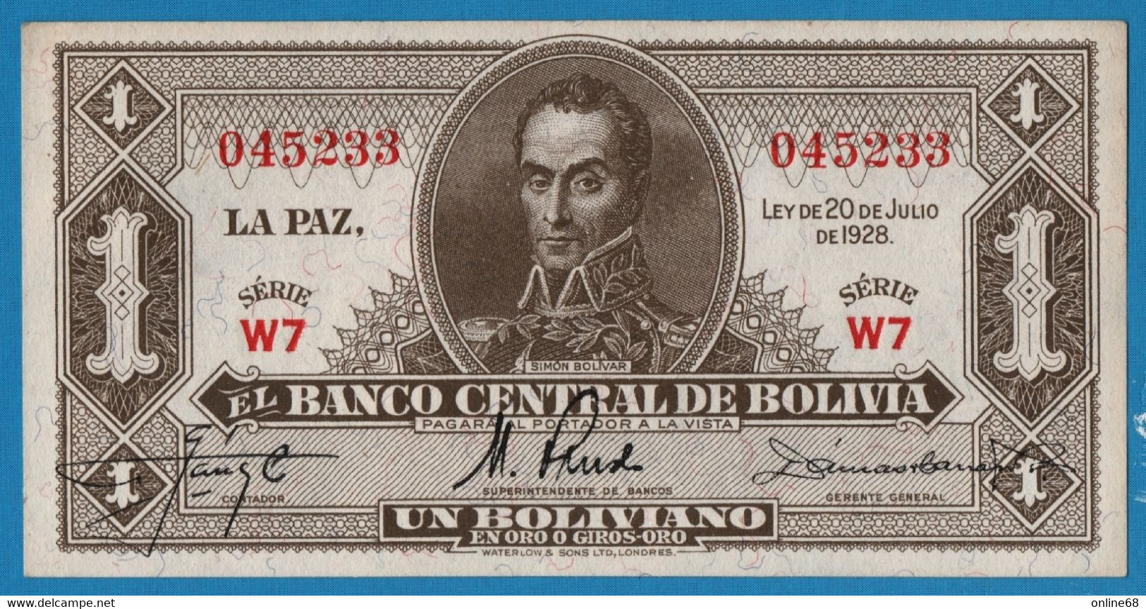 BOLIVIA 2 X 1 Boliviano L.1928 Série# W7 045232 + 233  P# 128a   Simón Bolívar - Bolivie