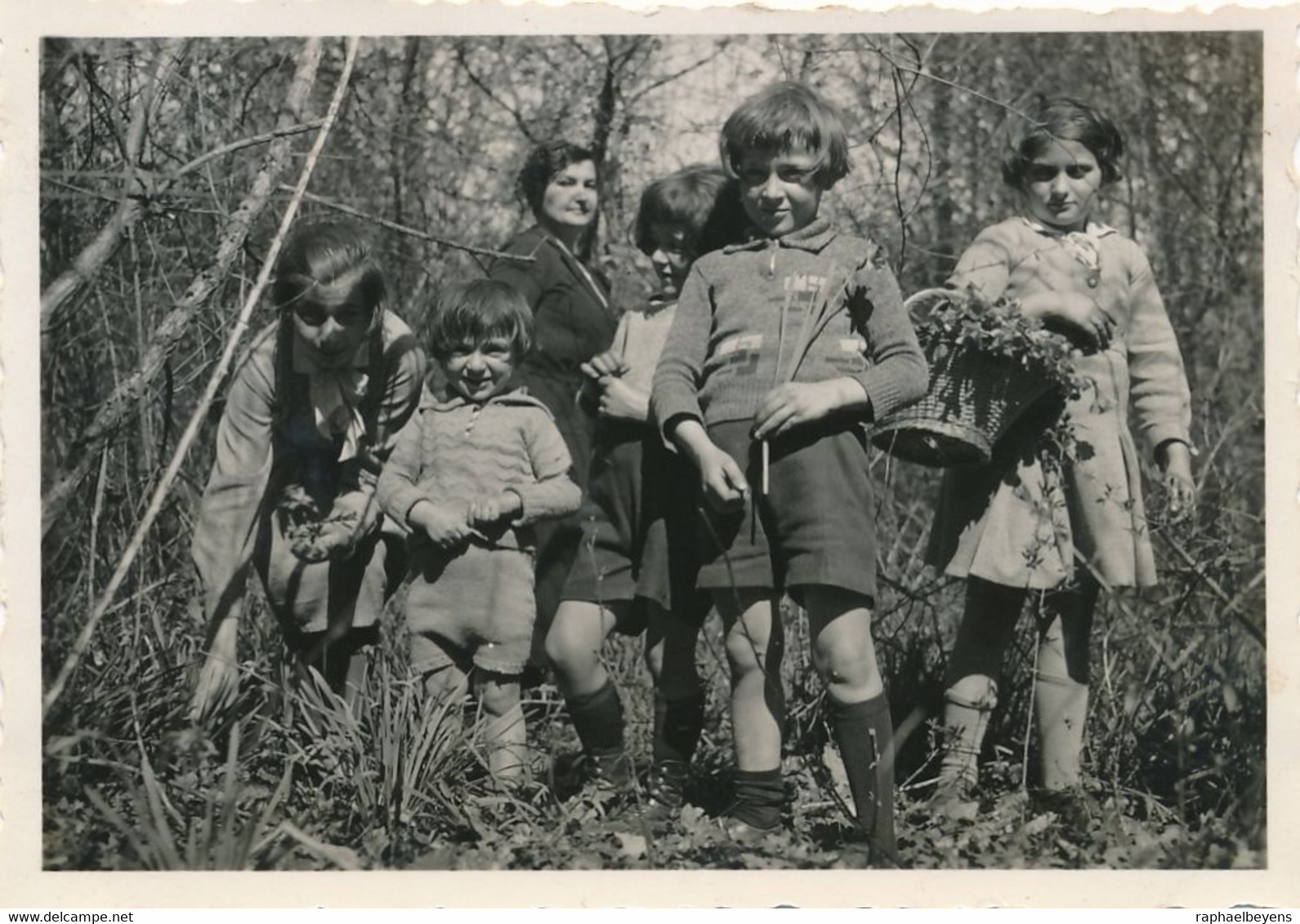 Snapshot Groupe D'enfants 1934 Forêt Du Der Cueillette De Fleurs Jonquilles - Persone Anonimi