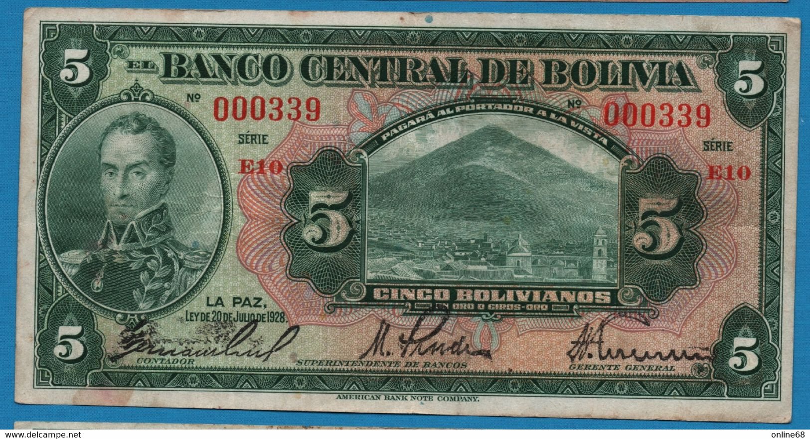 BOLIVIA 5 Bolivianos  	  L. 20.07.1928 # E10 000339  P# 120   Simón Bolívar - Bolivie