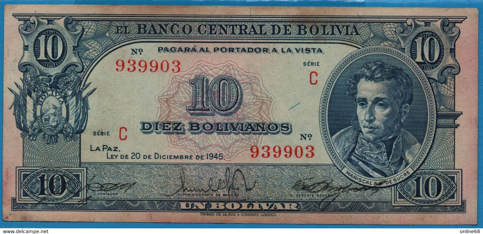 BOLIVIA 10 Bolivianos  	  L. 20.12.1945 # C 939903  P# 139c    Antonio José De Sucre - Bolivie