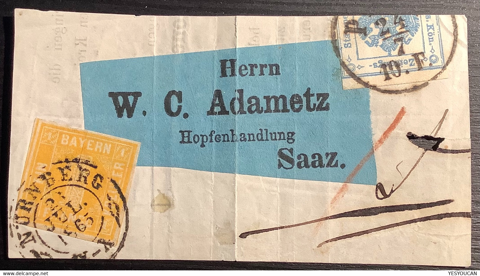 1865 Bayern Mi 8 + Österreich Zeitungsstempelmarke MIF RARITÄT Streifband NÜRNBERG> Saaz Via Prag(beer Bier Brief Hopfen - Covers & Documents