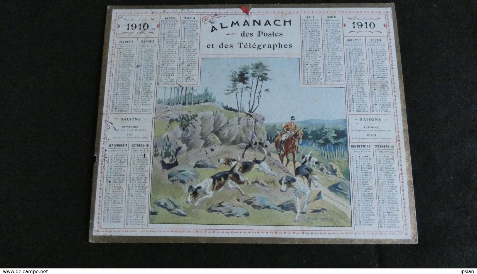 Almanach Des Postes Et Télégraphes 1910 - Chasse à Courre Piste Perdue   - Assez Bon état Complet - Calendrier - Tamaño Grande : 1901-20