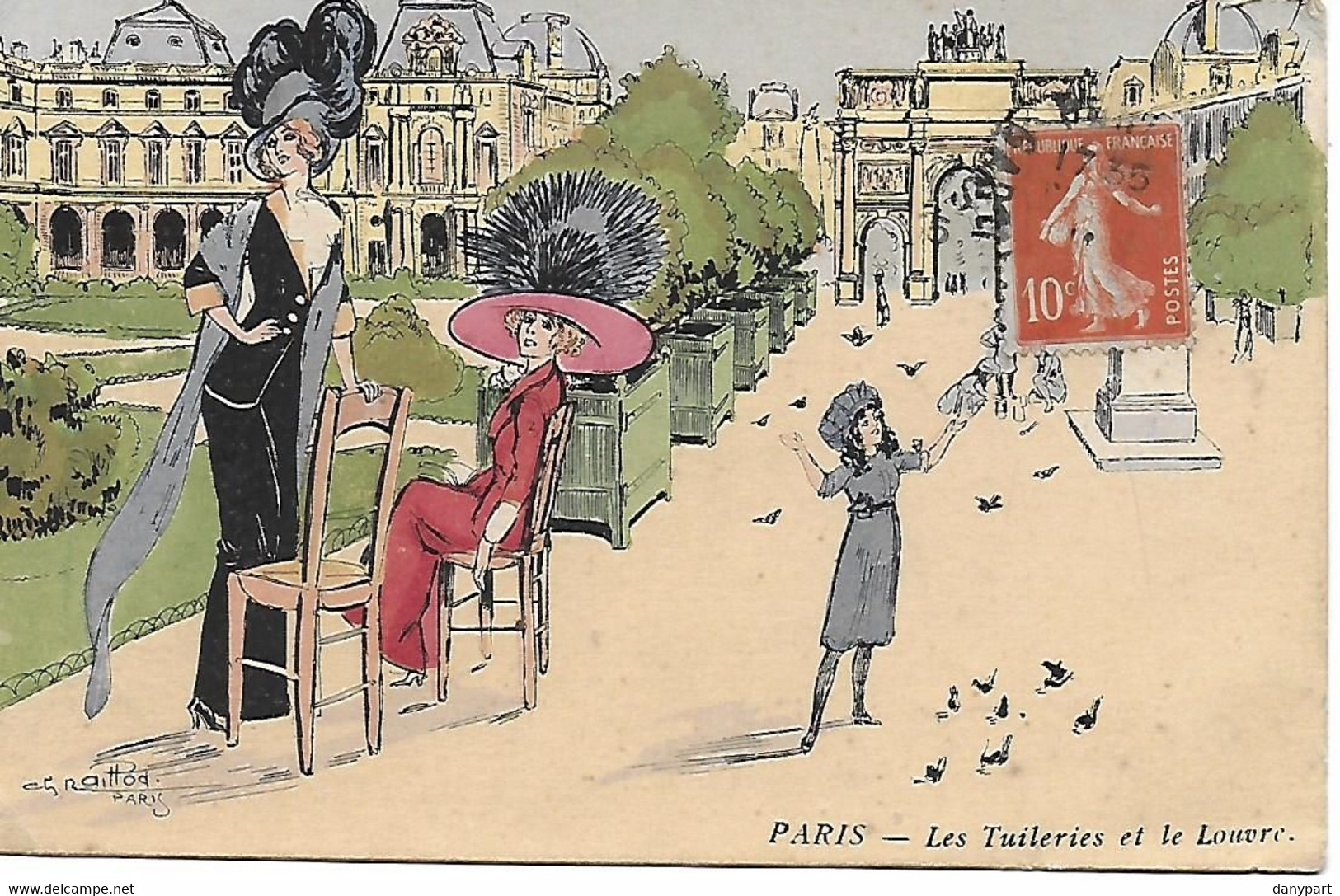 NAILLOD CHARLES. MODE CHAPEAUX FEMMES ELEGANTES  PARIS Les Tuileries Et Le Louvre 2 Scans T.B.E. - Naillod