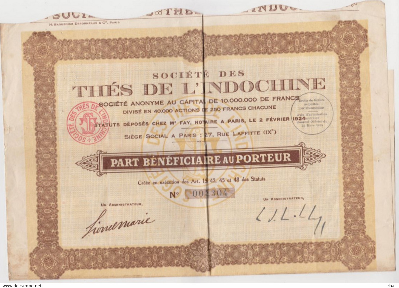 Société Des Thes De L'indochine Part Beneficiare Au Porteur 1924 - S - V