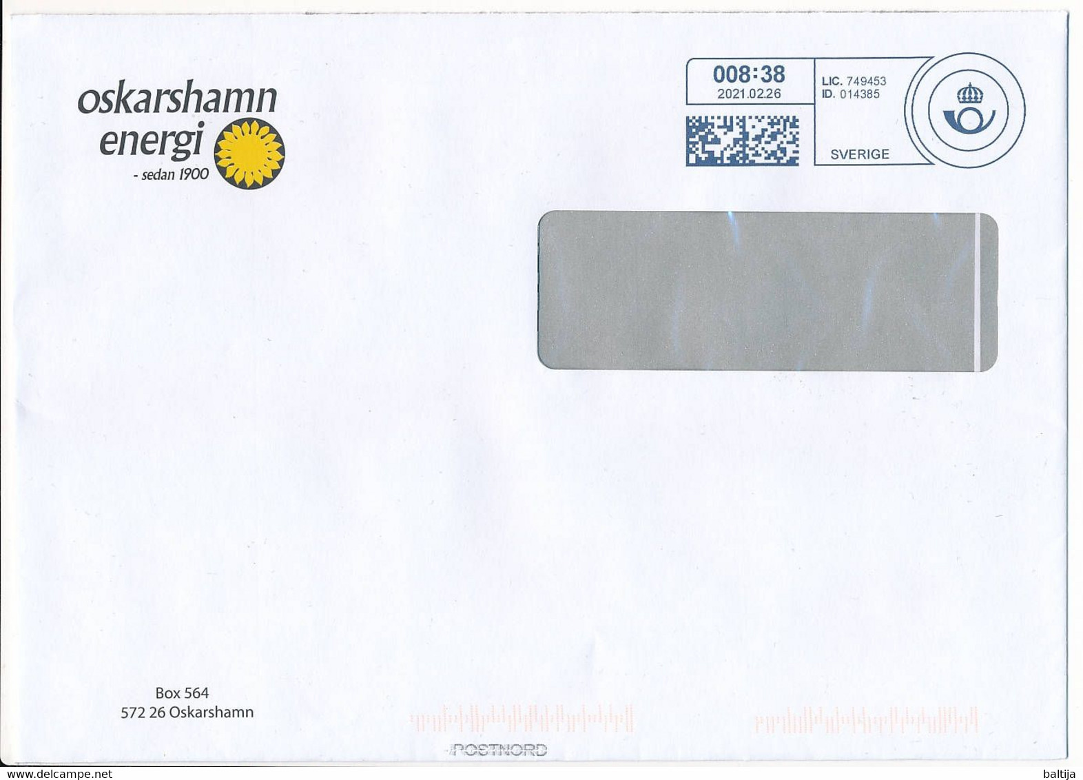 Domestic Meter Cover / Freistempel, Oskarshamn Energy - 26 February 2021 - Cartas & Documentos