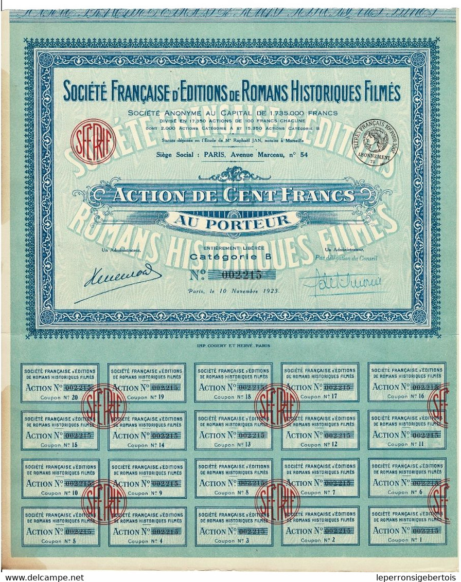 Titre Ancien - Société Française D' Editions De Romans Historiques Filmés -Titre De 1923 - - Cinéma & Théatre