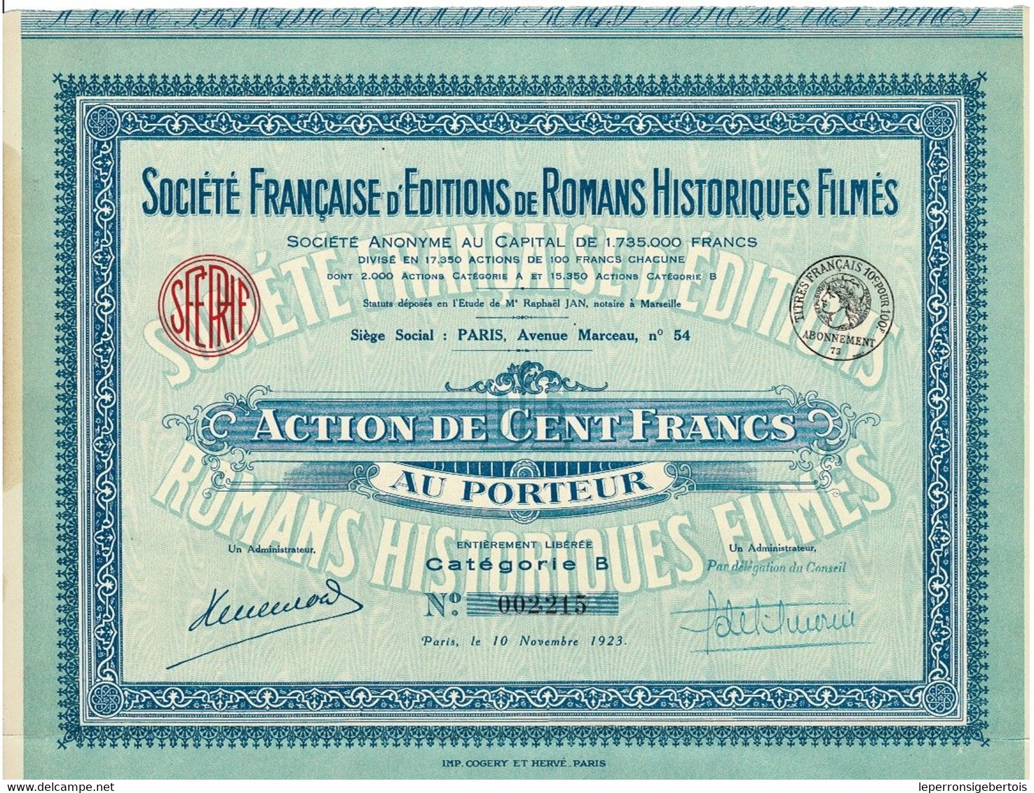 Titre Ancien - Société Française D' Editions De Romans Historiques Filmés -Titre De 1923 - - Cinema & Teatro