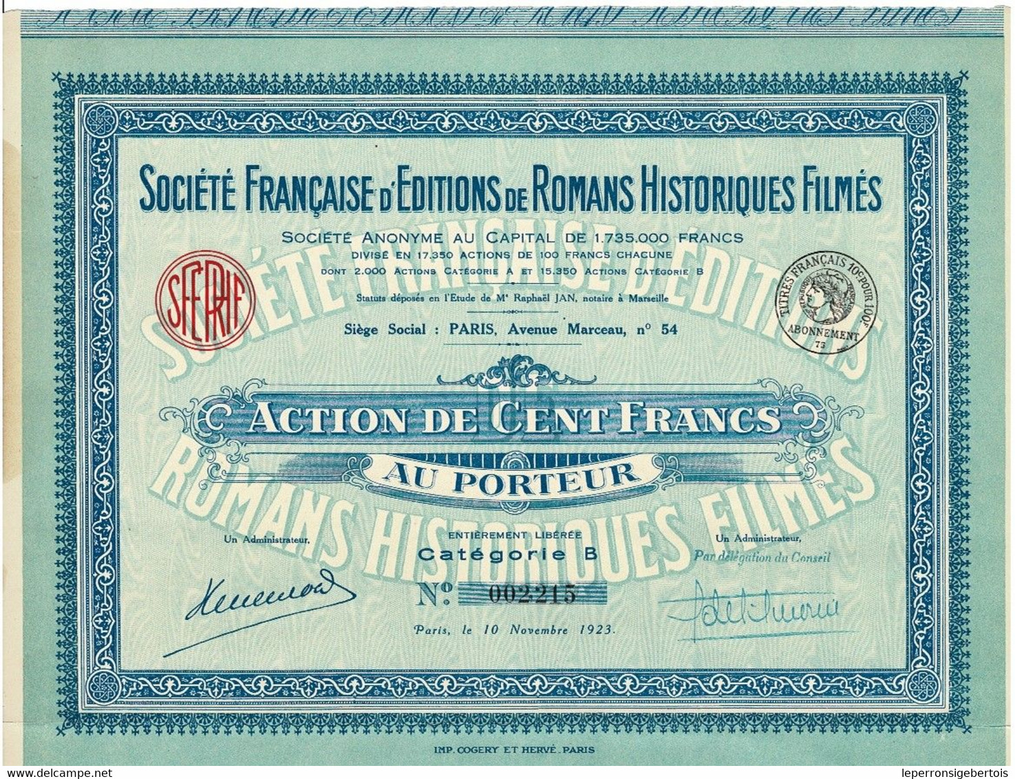 Titre Ancien - Société Française D' Editions De Romans Historiques Filmés -Titre De 1923 - - Cinéma & Théatre